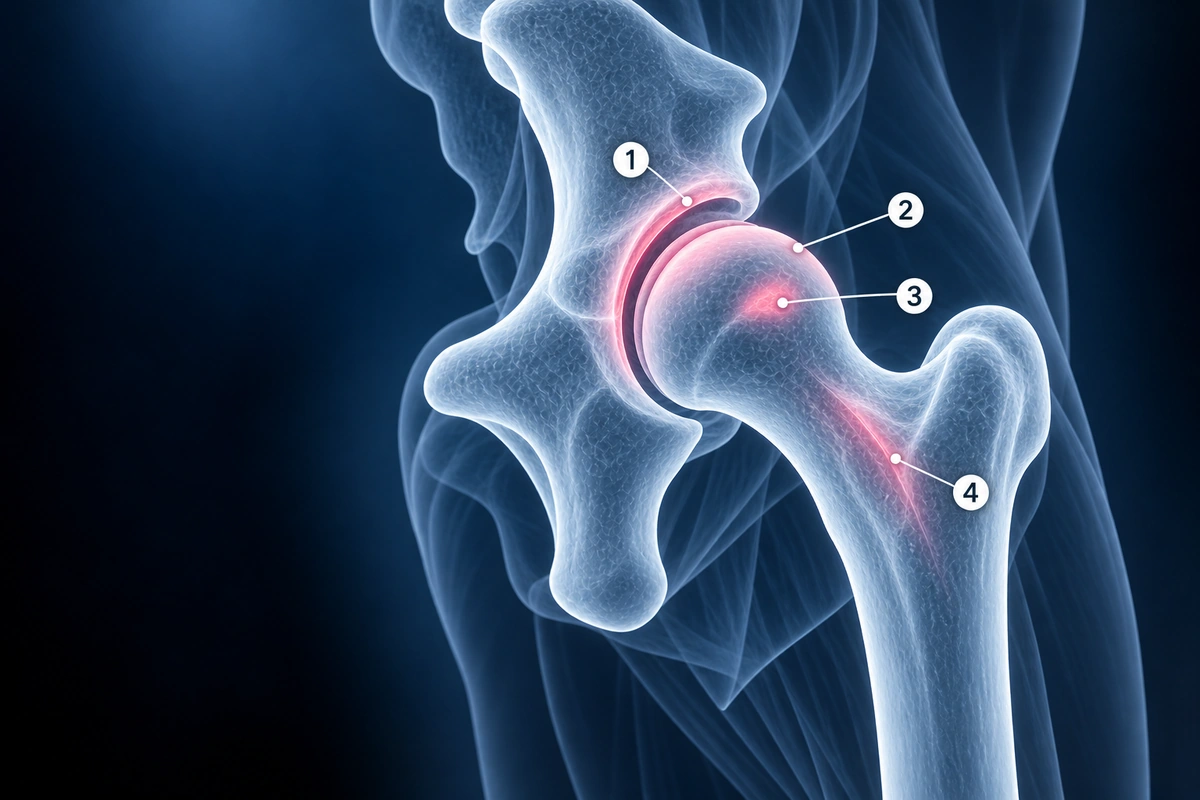 Quadril em vidro com lábio acetabular, cartilagem, cabeça do fêmur e colo do fêmur numerados, os alvos em que a ressonância de quadril em 3 T agrega valor