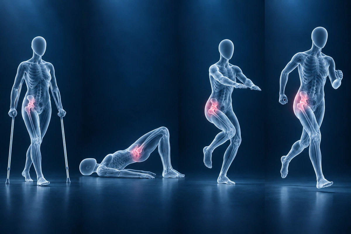 Quatro figuras de vidro mostrando as fases da reabilitação do reparo do lábio acetabular: muletas, ponte de glúteos, agachamento unipodal e treino de agilidade