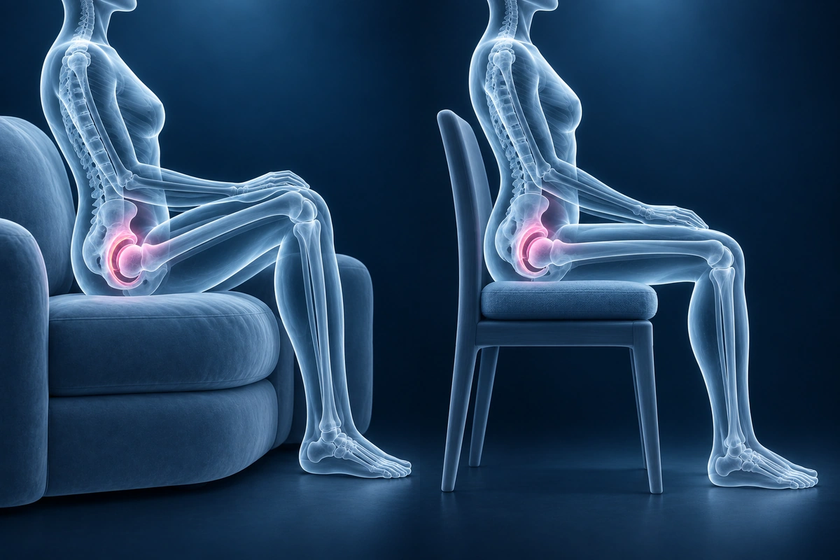 Figura de vidro em um sofá baixo com o quadril flexionado além de 90 graus, ao lado de um assento elevado com almofada que protege um reparo do lábio acetabular