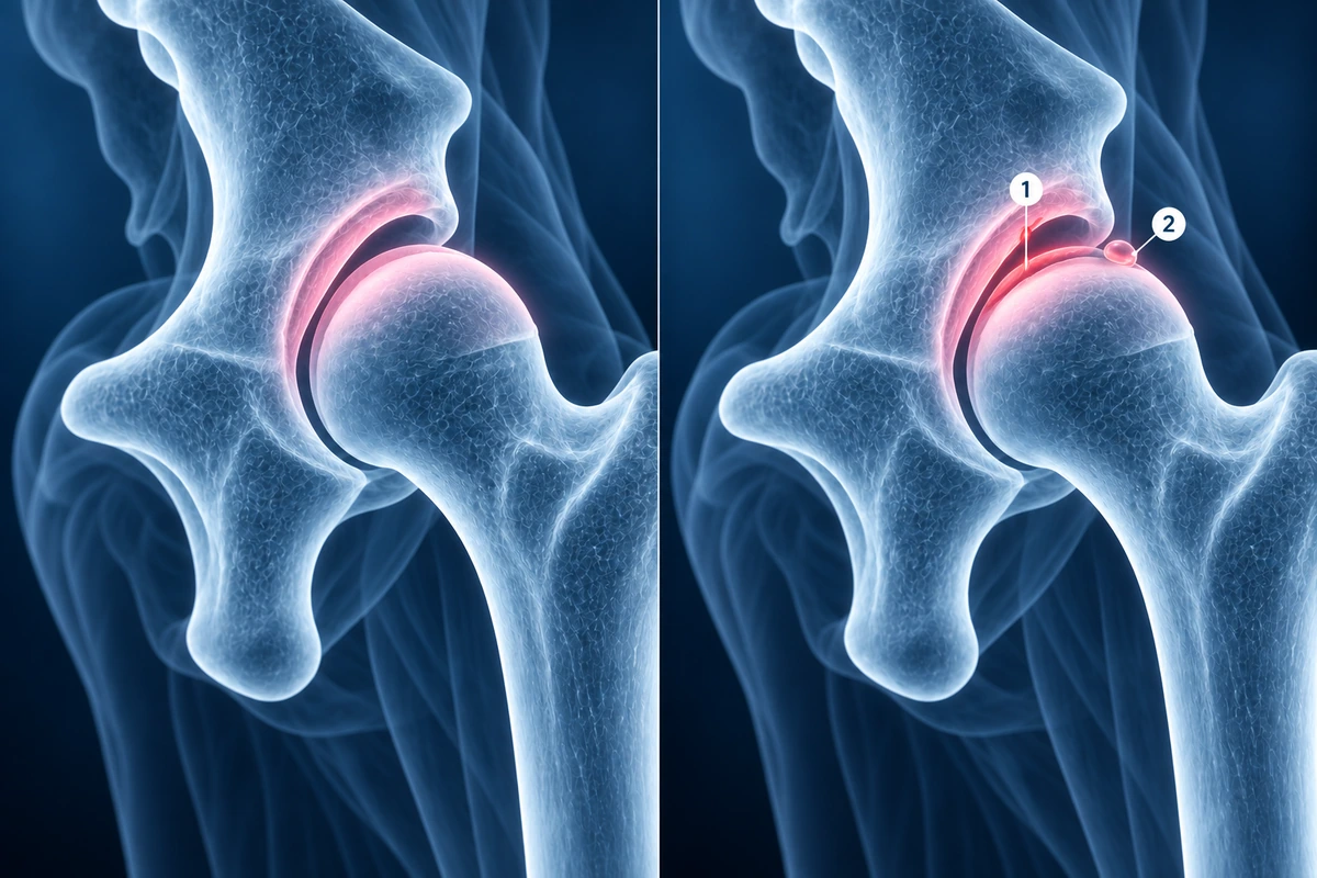 Lábio acetabular triangular normal comparado a um lábio rompido, com líquido na base e um cisto paralabral